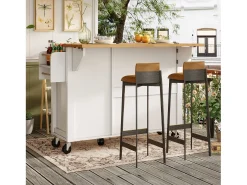 Carrito de cocina con 3 puertas, 1 cajón, toallero y especiero, diseño de mesa plegable, colores blanco y natural