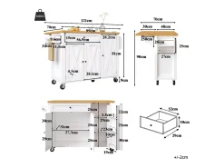 Carrito de cocina con 3 puertas, 1 cajón, toallero y especiero, diseño de mesa plegable, colores blanco y natural