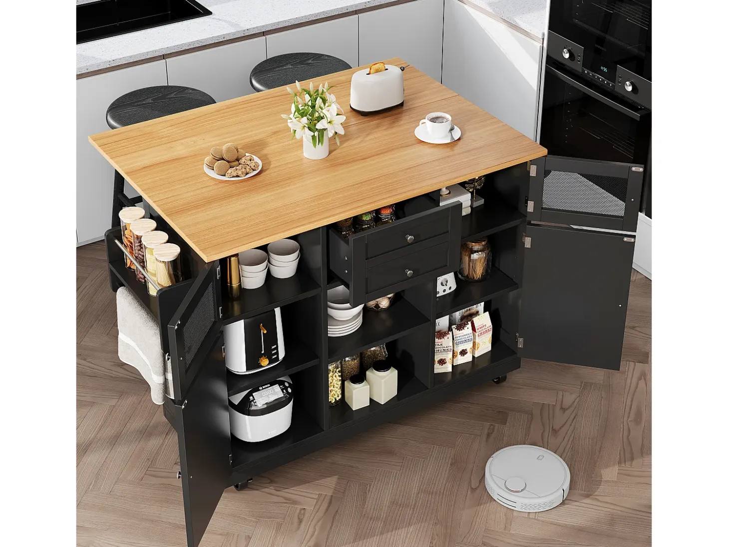 Carrito de cocina con encimera, mueble de comedor, toallero lateral, 140x40x93,5 cm, color negro