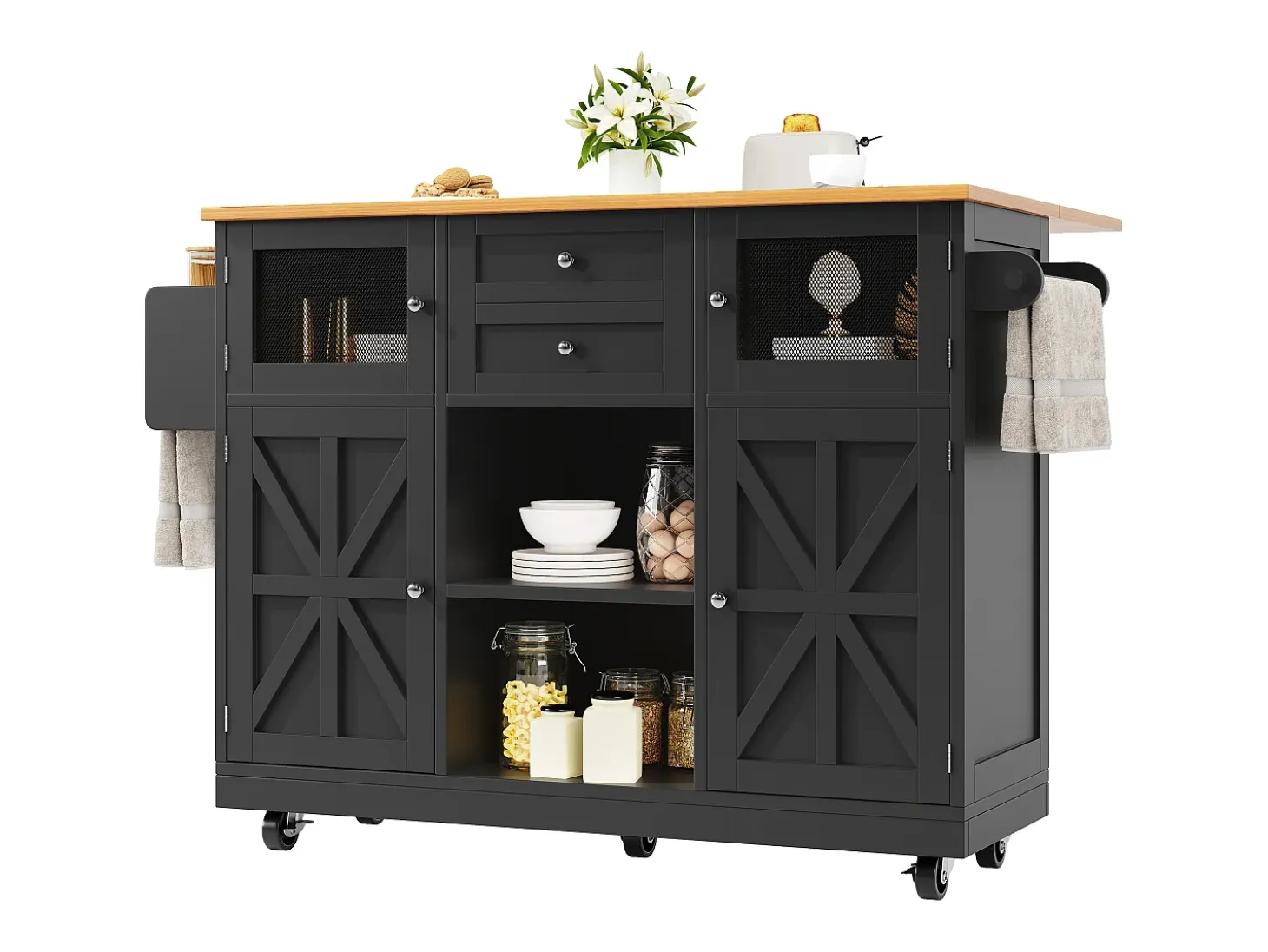 Carrito de cocina con encimera, mueble de comedor, toallero lateral, 140x40x93,5 cm, color negro