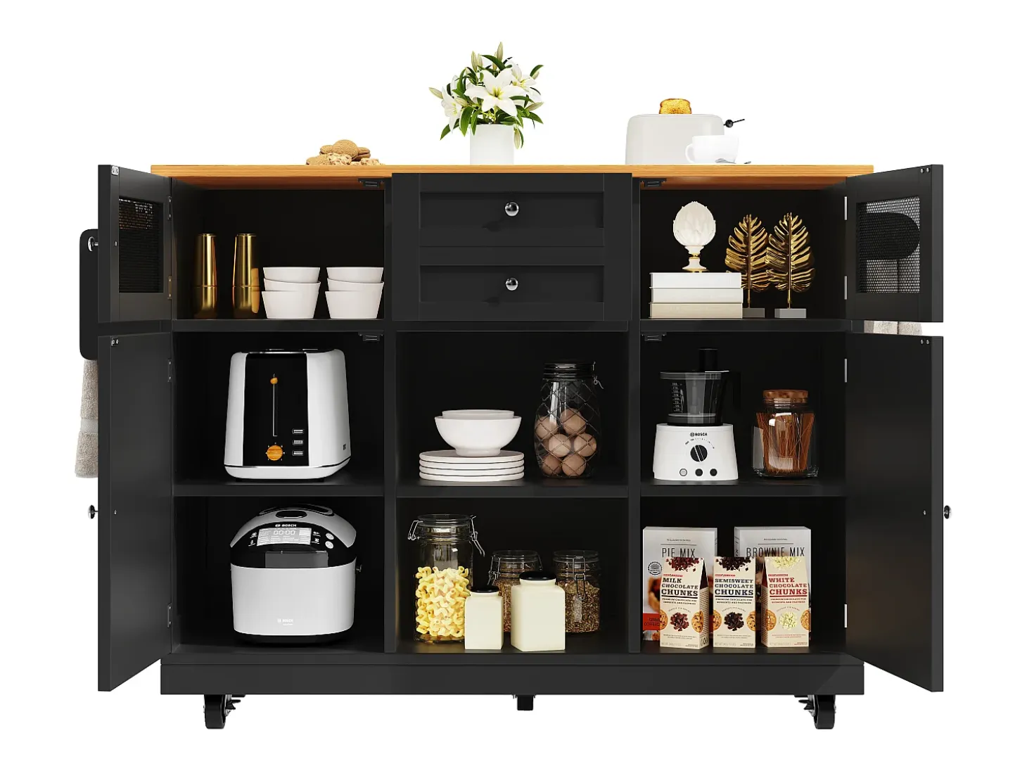 Carrito de cocina con encimera, mueble de comedor, toallero lateral, 140x40x93,5 cm, color negro