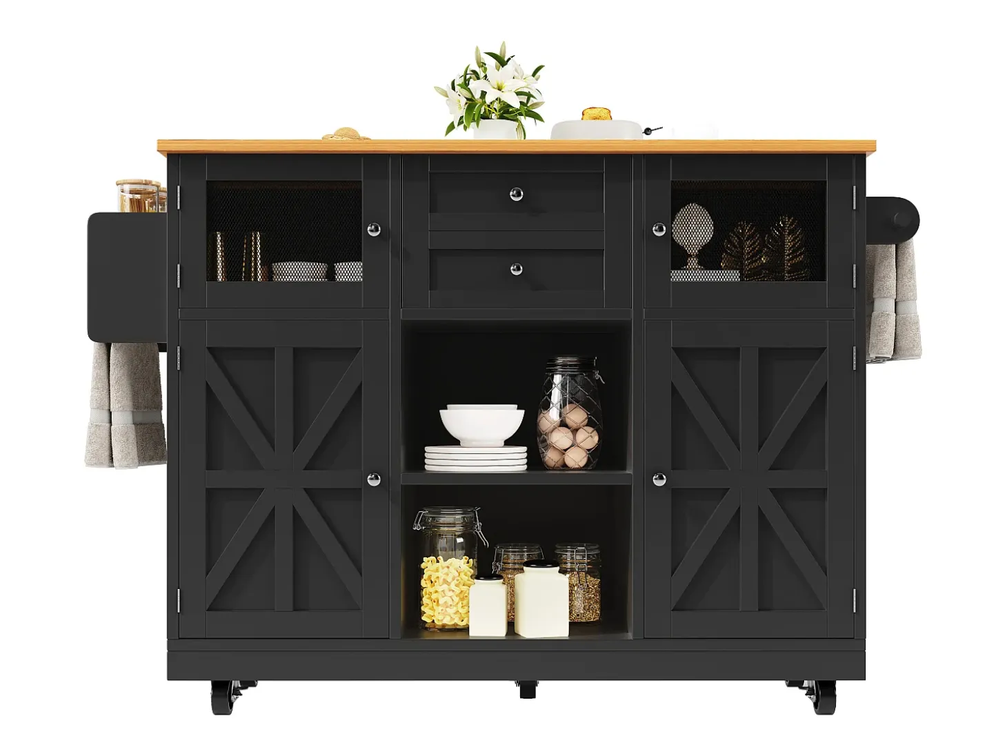 Carrito de cocina con encimera, mueble de comedor, toallero lateral, 140x40x93,5 cm, color negro