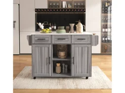 Carrito de cocina con ruedas con 3 cajones, 2 puertas y 2 nichos, tapa extensible chapada en mármol blanco, cuerpo gris