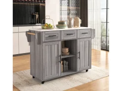 Carrito de cocina con ruedas con 3 cajones, 2 puertas y 2 nichos, tapa extensible chapada en mármol blanco, cuerpo gris