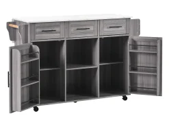 Carrito de cocina con ruedas con 3 cajones, 2 puertas y 2 nichos, tapa extensible chapada en mármol blanco, cuerpo gris
