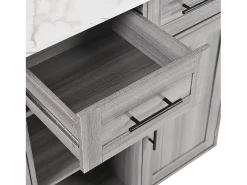 Carrito de cocina con ruedas con 3 cajones, 2 puertas y 2 nichos, tapa extensible chapada en mármol blanco, cuerpo gris
