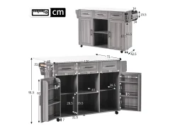 Carrito de cocina con ruedas con 3 cajones, 2 puertas y 2 nichos, tapa extensible chapada en mármol blanco, cuerpo gris