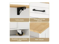 Carrito de cocina con ruedas con 2 cajones, 2 puertas de cristal y toma de corriente y puerto USB, tapa extensible imitación madera, cuerpo blanco