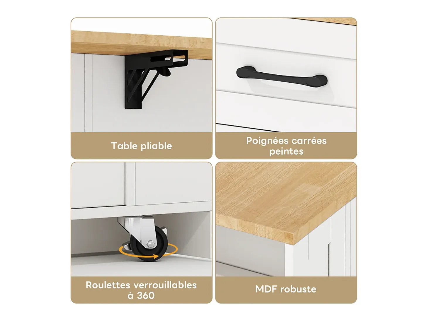 Carrito de cocina con ruedas con 2 cajones, 2 puertas de cristal y toma de corriente y puerto USB, tapa extensible imitación madera, cuerpo blanco