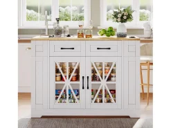Carrito de cocina con ruedas con 2 cajones, 2 puertas de cristal y toma de corriente y puerto USB, tapa extensible imitación madera, cuerpo blanco