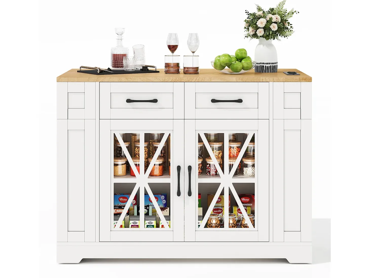 Carrito de cocina con ruedas con 2 cajones, 2 puertas de cristal y toma de corriente y puerto USB, tapa extensible imitación madera, cuerpo blanco