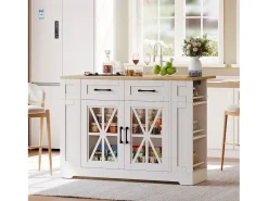 Carrito de cocina con ruedas con 2 cajones, 2 puertas de cristal y toma de corriente y puerto USB, tapa extensible imitación madera, cuerpo blanco