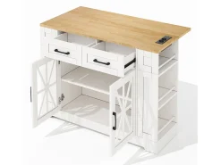 Carrito de cocina con ruedas con 2 cajones, 2 puertas de cristal y toma de corriente y puerto USB, tapa extensible imitación madera, cuerpo blanco