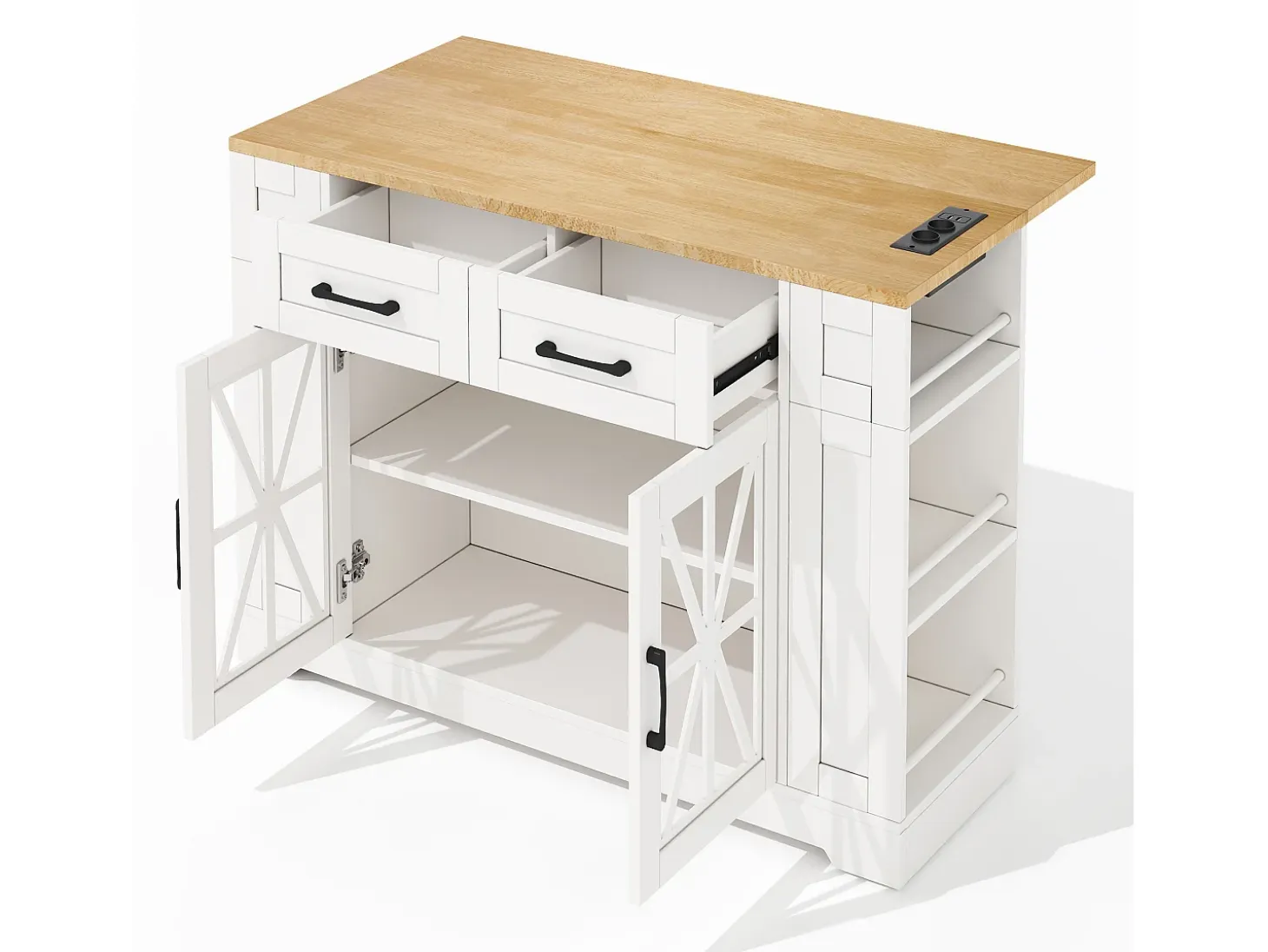 Carrito de cocina con ruedas con 2 cajones, 2 puertas de cristal y toma de corriente y puerto USB, tapa extensible imitación madera, cuerpo blanco