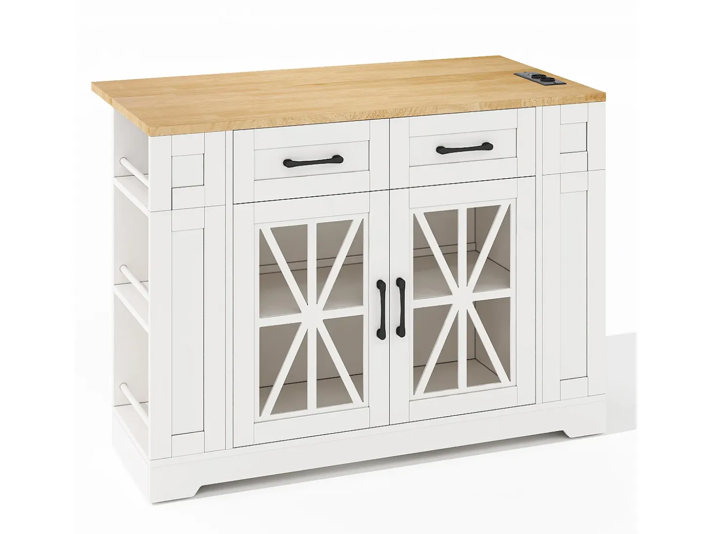 Carrito de cocina con ruedas con 2 cajones, 2 puertas de cristal y toma de corriente y puerto USB, tapa extensible imitación madera, cuerpo blanco