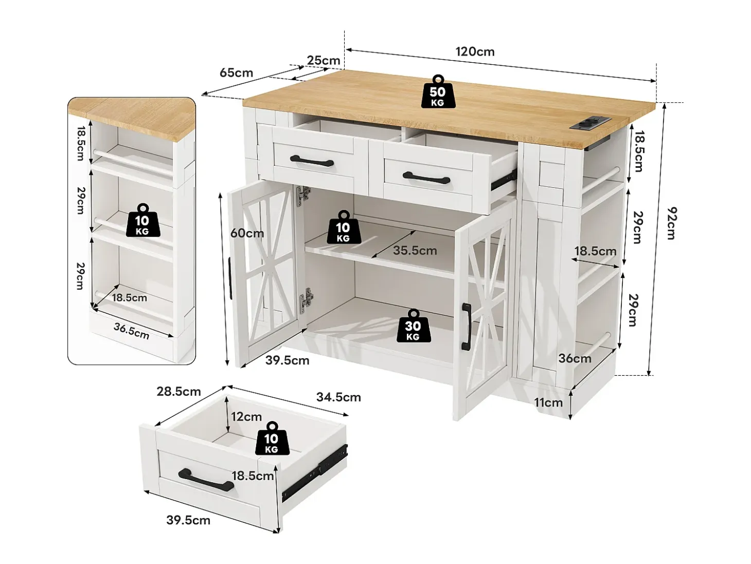 Carrito de cocina con ruedas con 2 cajones, 2 puertas de cristal y toma de corriente y puerto USB, tapa extensible imitación madera, cuerpo blanco