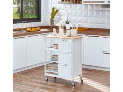 Carrito de cocina con ruedas con 3 cajones, 3 estantes, tablero de madera, MDF blanco (67x37x84cm)
