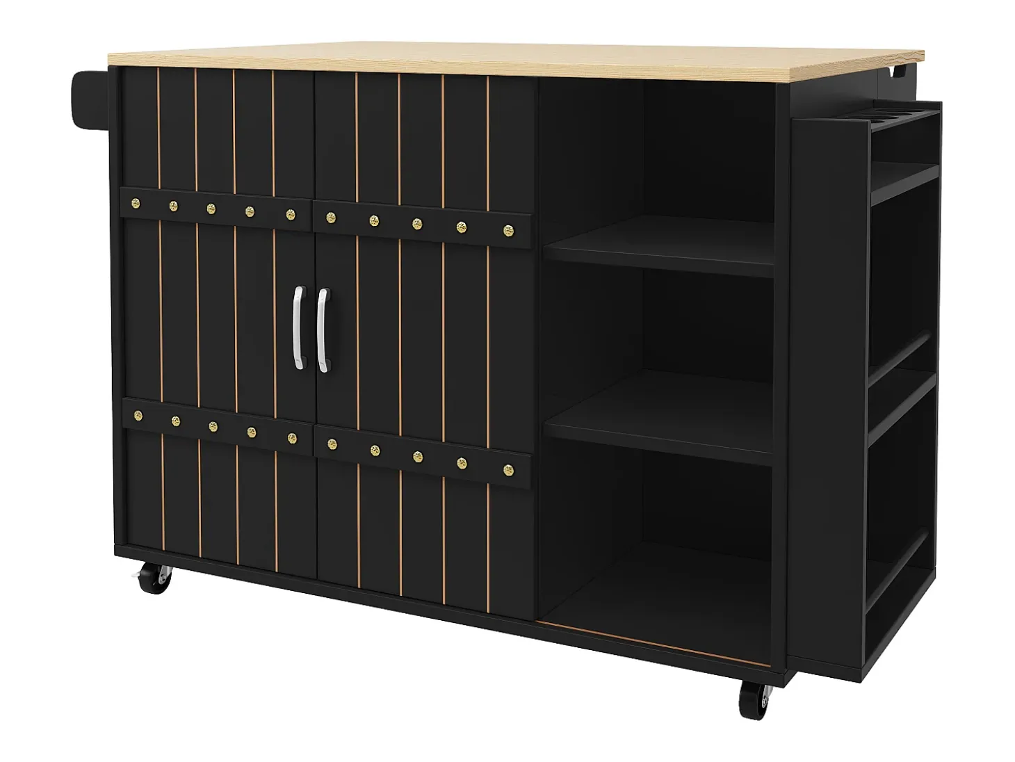 Carrito de cocina con ruedas y tapa extensible, 2 puertas correderas y 3 cajones, negro - 110x70x90cm