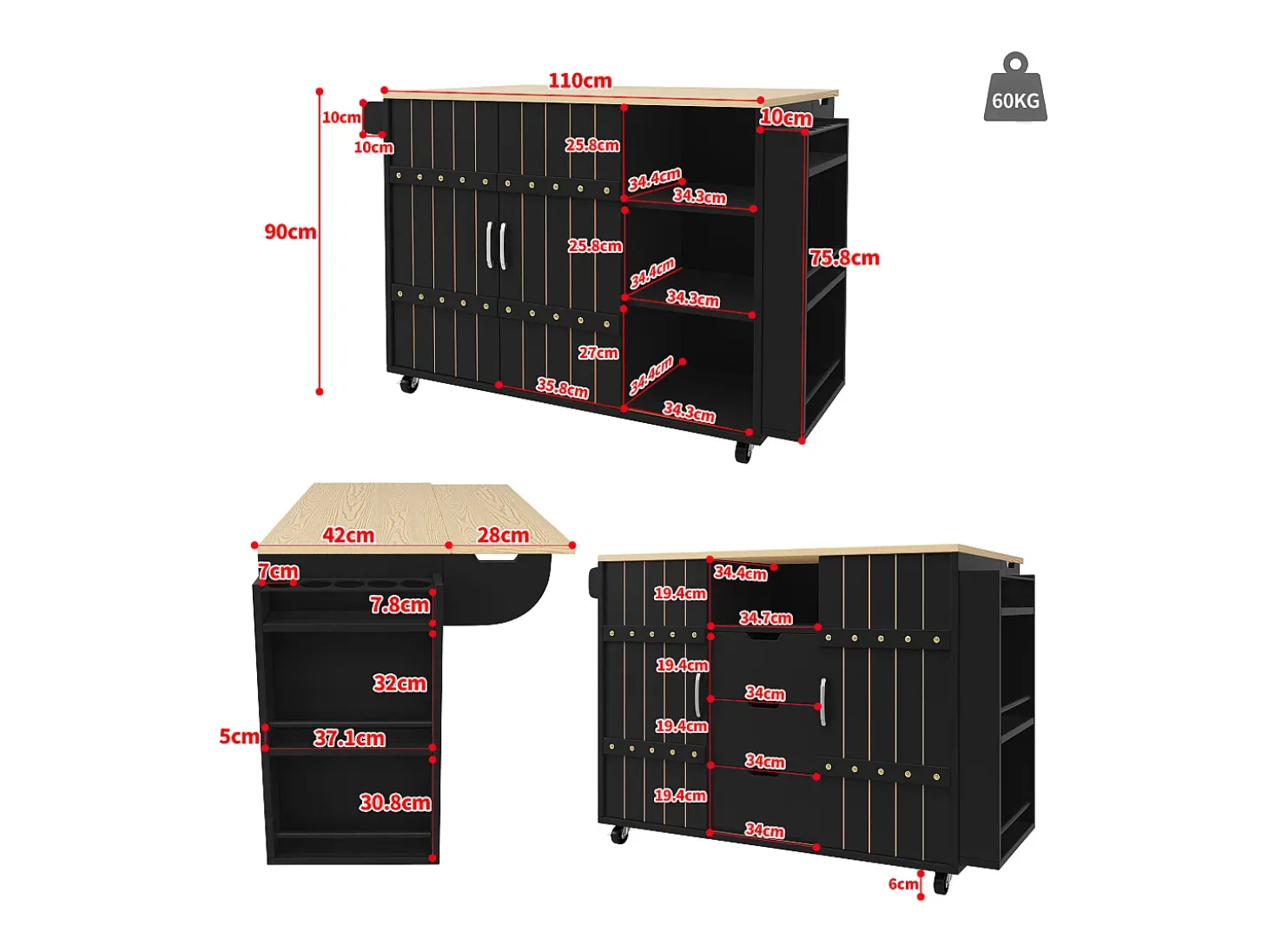 Carrito de cocina con ruedas y tapa extensible, 2 puertas correderas y 3 cajones, negro - 110x70x90cm