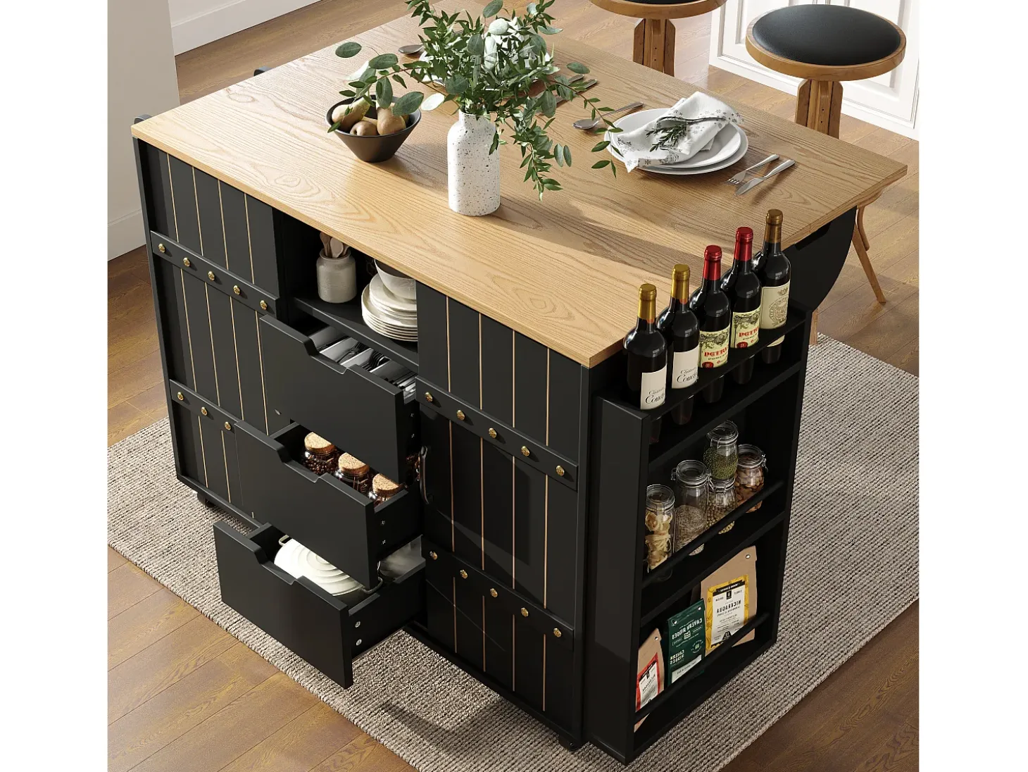 Carrito de cocina con ruedas y tapa extensible, 2 puertas correderas y 3 cajones, negro - 110x70x90cm