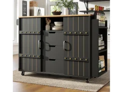 Carrito de cocina con ruedas y tapa extensible, 2 puertas correderas y 3 cajones, negro - 110x70x90cm
