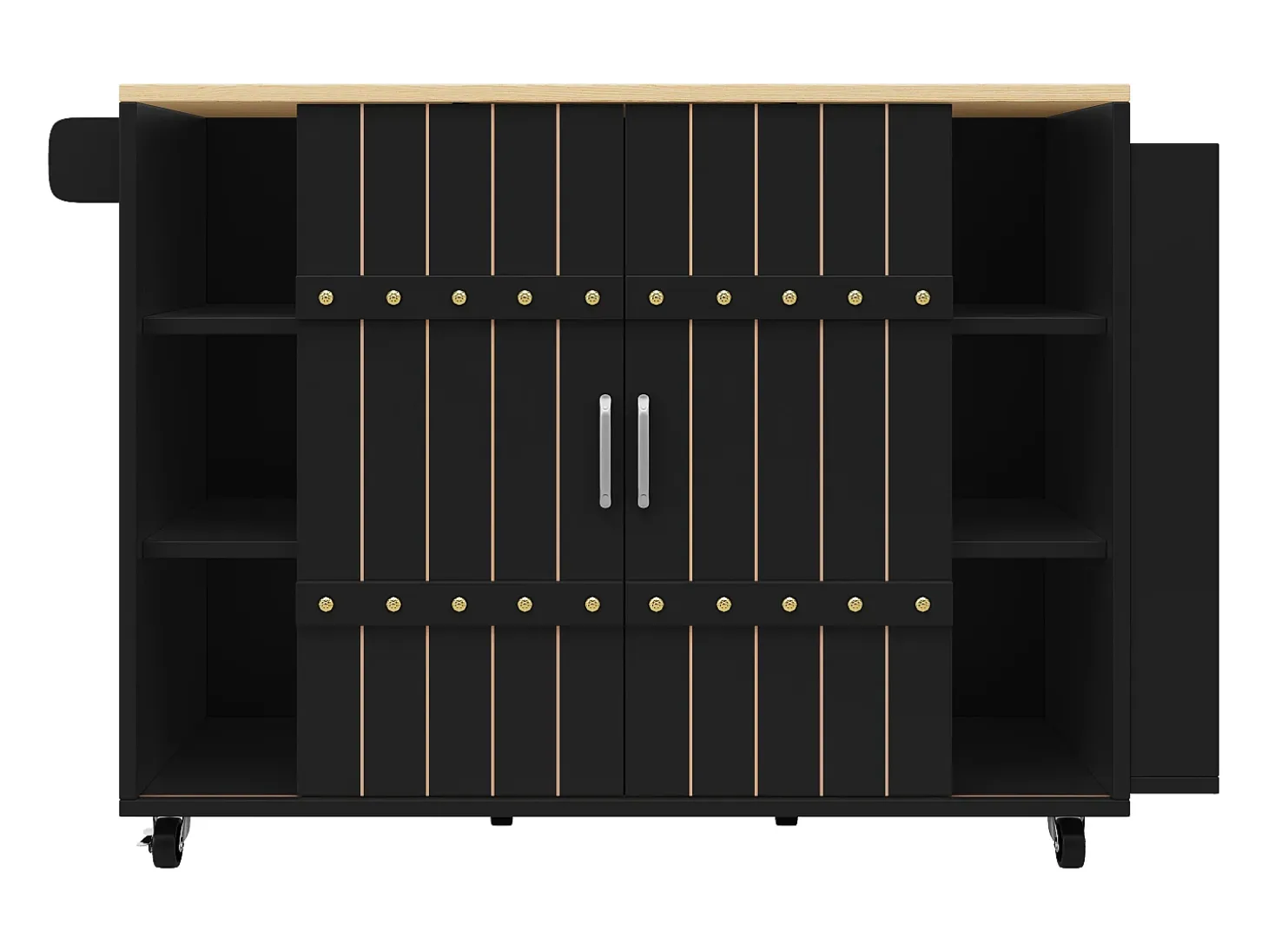 Carrito de cocina con ruedas y tapa extensible, 2 puertas correderas y 3 cajones, negro - 110x70x90cm