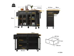 Carrito de cocina con ruedas, 2 cajones y 4 puertas de cristal, tapa extensible, negro + natural