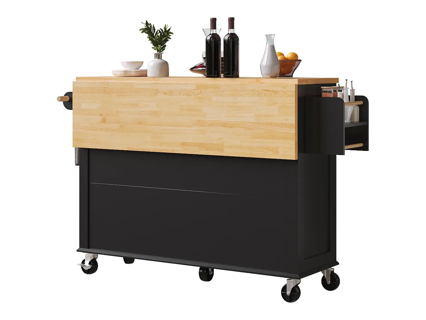 Carrito de cocina con ruedas, 2 cajones y 4 puertas de cristal, tapa extensible, negro + natural