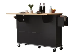 Carrito de cocina con ruedas, 2 cajones y 4 puertas de cristal, tapa extensible, negro + natural