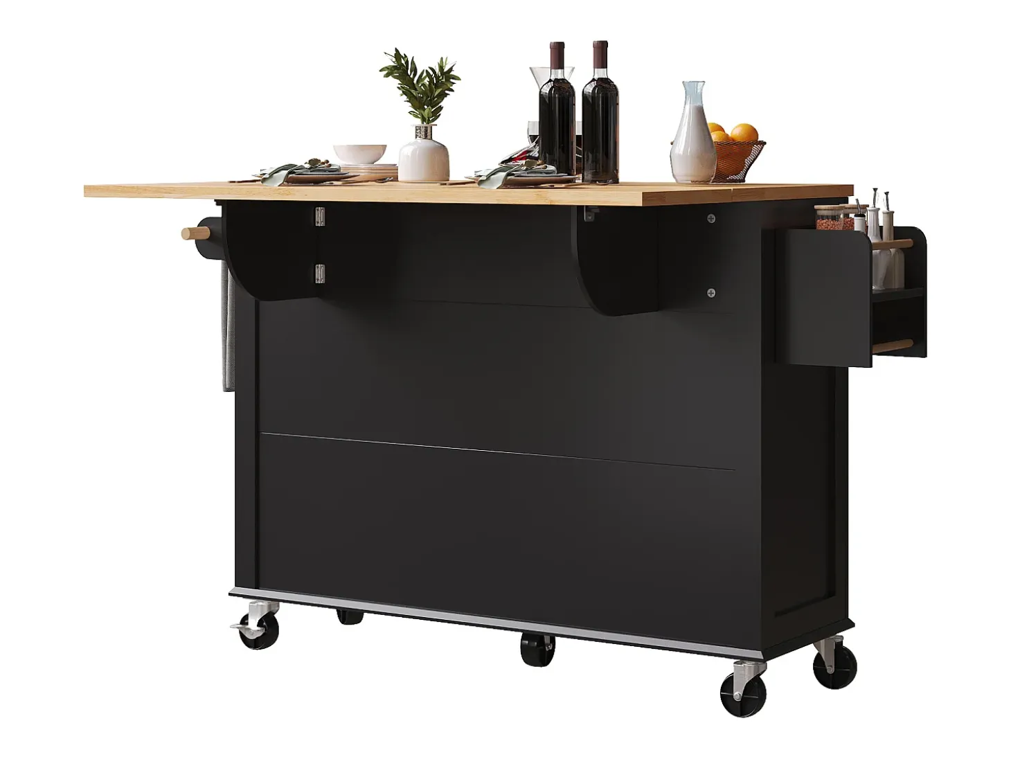 Carrito de cocina con ruedas, 2 cajones y 4 puertas de cristal, tapa extensible, negro + natural