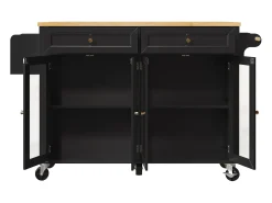 Carrito de cocina con ruedas, 2 cajones y 4 puertas de cristal, tapa extensible, negro + natural