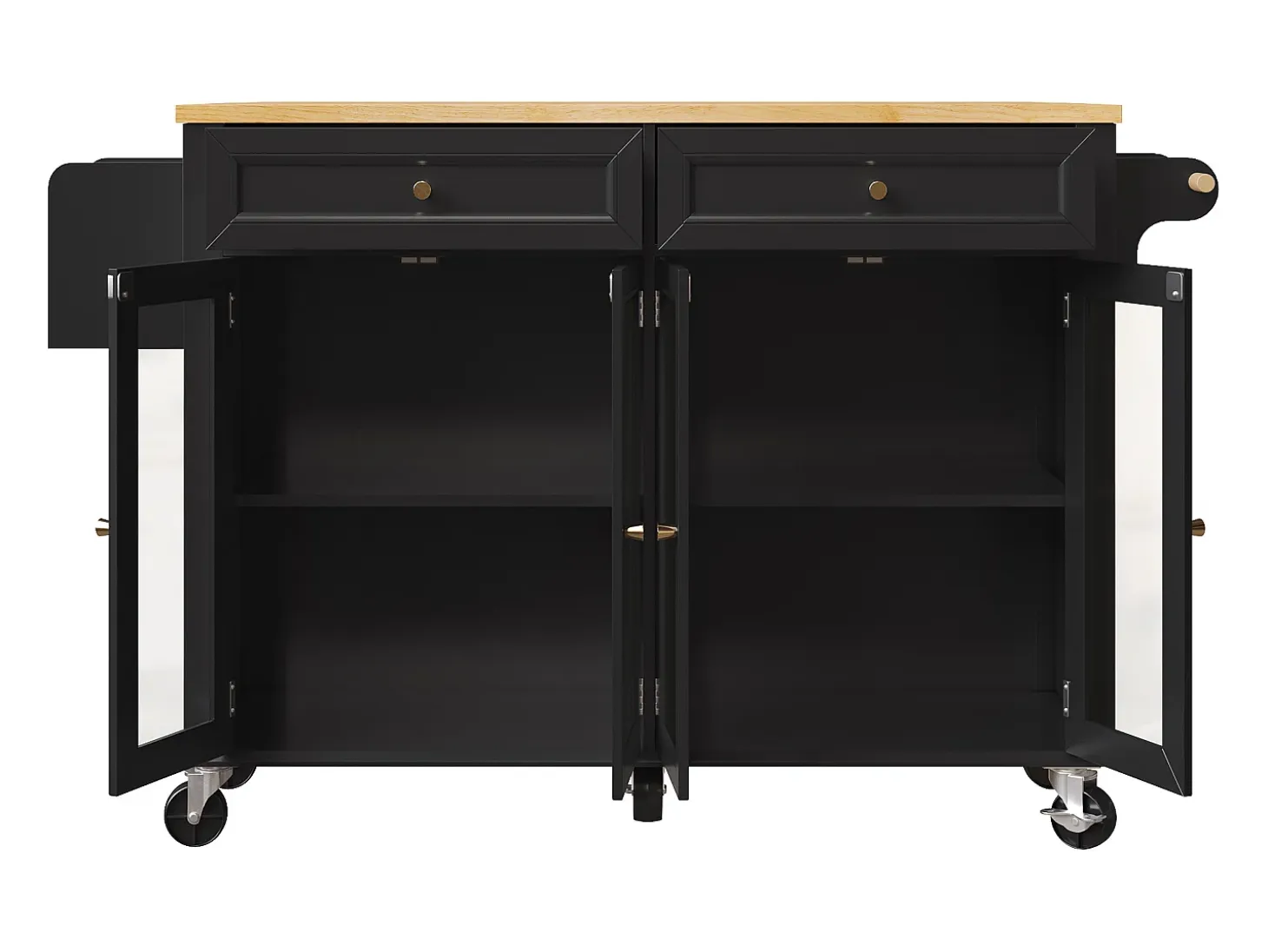 Carrito de cocina con ruedas, 2 cajones y 4 puertas de cristal, tapa extensible, negro + natural