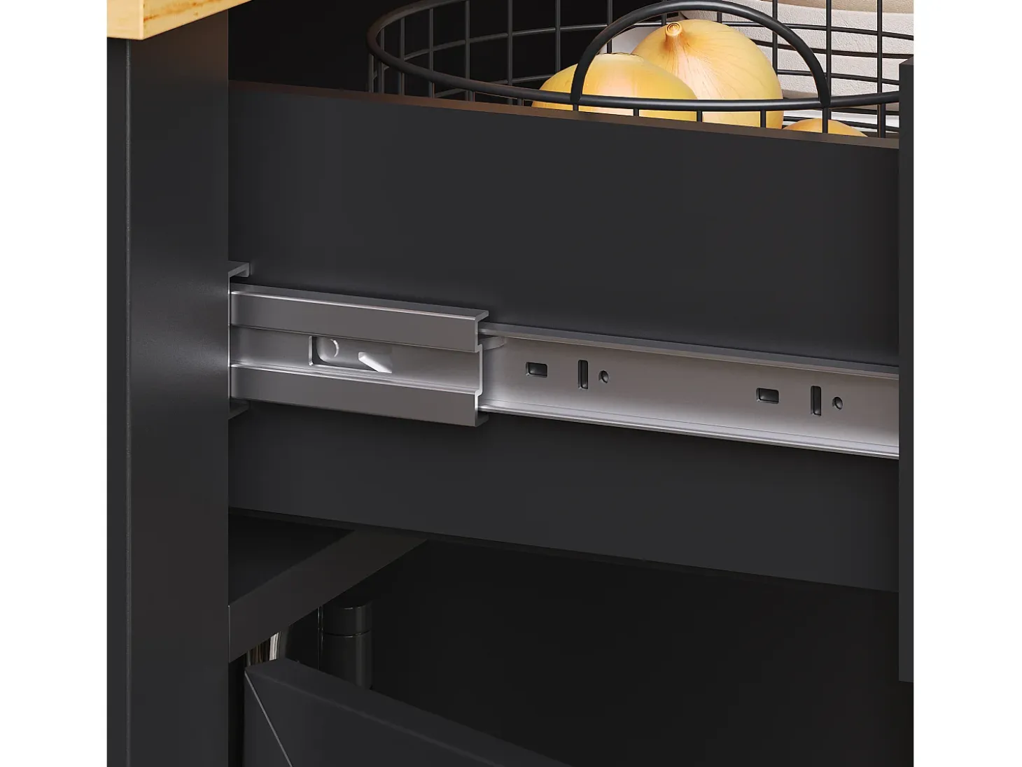 Carrito de cocina con ruedas, 2 cajones y 4 puertas de cristal, tapa extensible, negro + natural