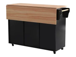 Carrito de cocina con ruedas con 2 cajones y 3 puertas, tapa extensible en acabado madera, color negro