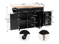 Carrito de cocina con ruedas con 2 cajones y 3 puertas, tapa extensible en acabado madera, color negro