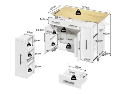 Carrito de cocina con ruedas con 2 cajones, 2 puertas y estantes interiores, tapa extensible en acabado madera, color blanco.
