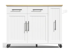 Carrito de cocina con ruedas con 2 cajones, 2 puertas y estantes interiores, tapa extensible en acabado madera, color blanco.