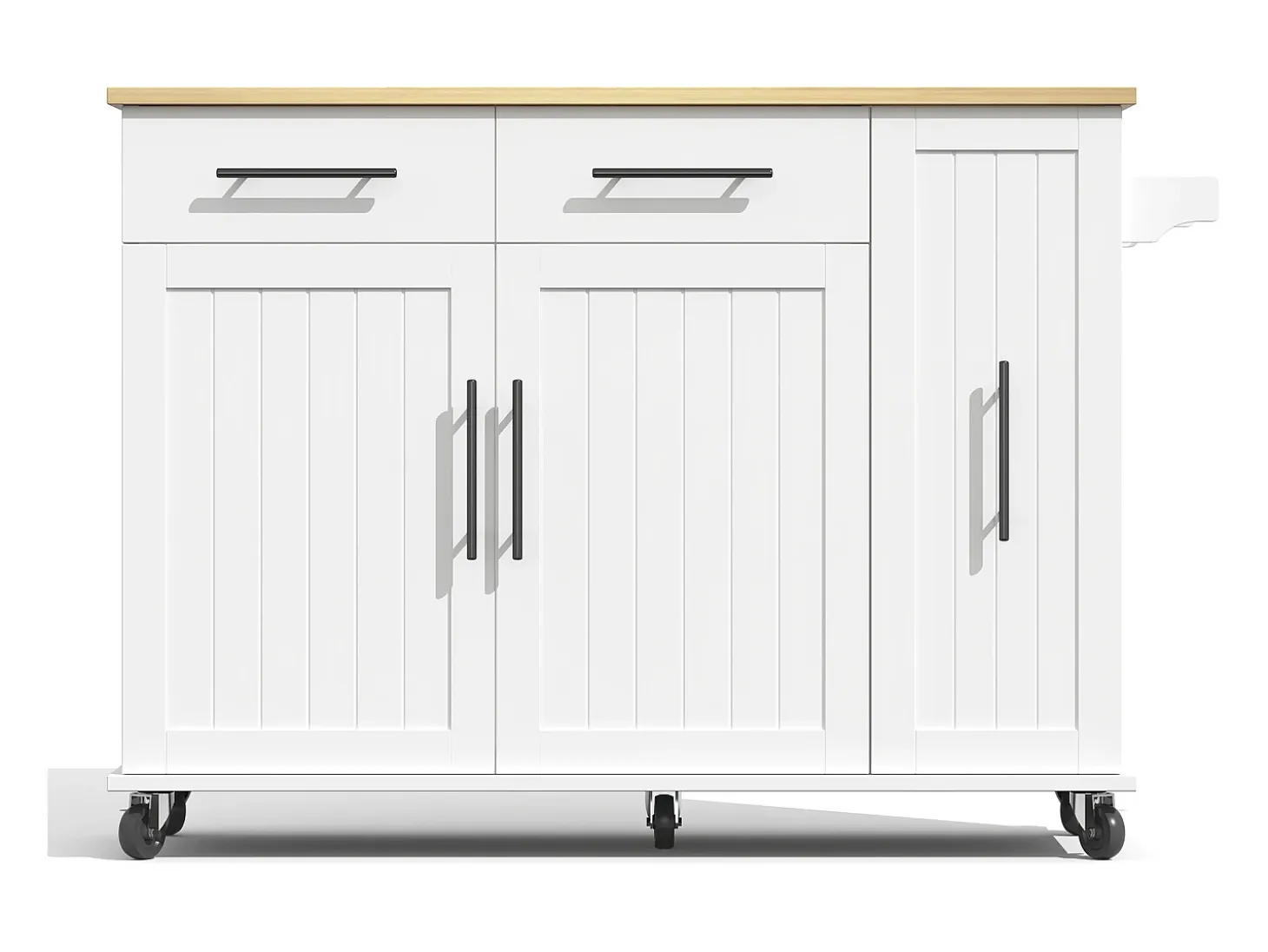 Carrito de cocina con ruedas con 2 cajones, 2 puertas y estantes interiores, tapa extensible en acabado madera, color blanco.