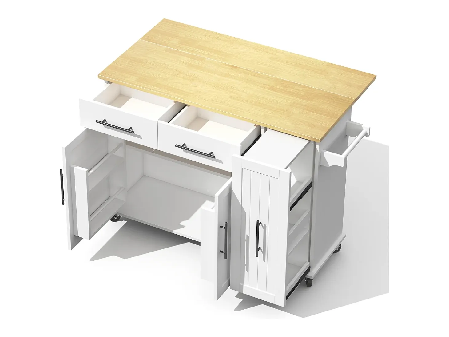 Carrito de cocina con ruedas con 2 cajones, 2 puertas y estantes interiores, tapa extensible en acabado madera, color blanco.