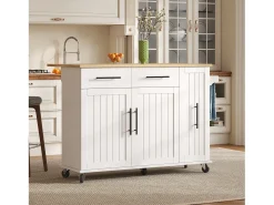 Carrito de cocina con ruedas con 2 cajones, 2 puertas y estantes interiores, tapa extensible en acabado madera, color blanco.