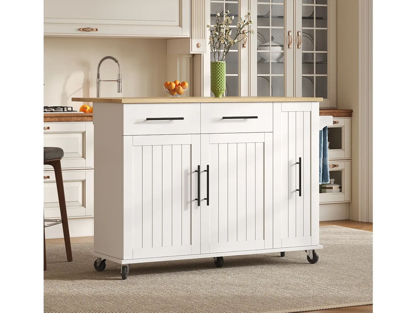 Carrito de cocina con ruedas con 2 cajones, 2 puertas y estantes interiores, tapa extensible en acabado madera, color blanco.