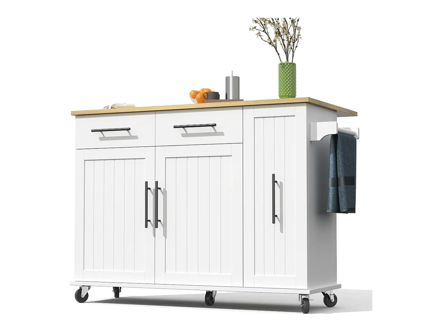 Carrito de cocina con ruedas con 2 cajones, 2 puertas y estantes interiores, tapa extensible en acabado madera, color blanco.