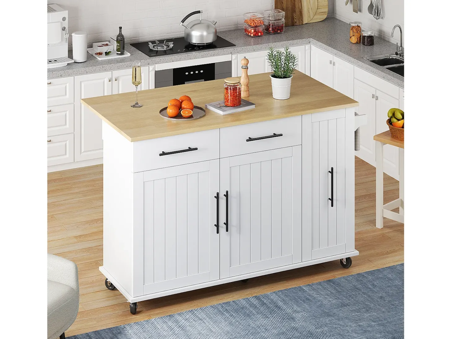 Carrito de cocina con ruedas con 2 cajones, 2 puertas y estantes interiores, tapa extensible en acabado madera, color blanco.