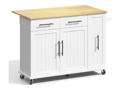 Carrito de cocina con ruedas con 2 cajones, 2 puertas y estantes interiores, tapa extensible en acabado madera, color blanco.