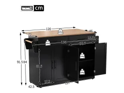 Carrito de cocina con tapa abatible, diseño multifuncional, MDF, negro y natural (120x46(70)x91,5cm)