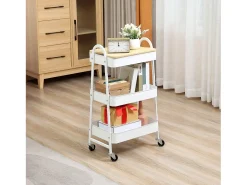 Carrito de cocina de 3 niveles con cesta y tapa, metal, blanco (53,5 x 31 x 79,4 cm)