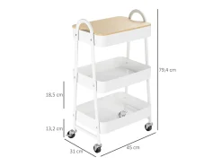 Carrito de cocina de 3 niveles con cesta y tapa, metal, blanco (53,5 x 31 x 79,4 cm)