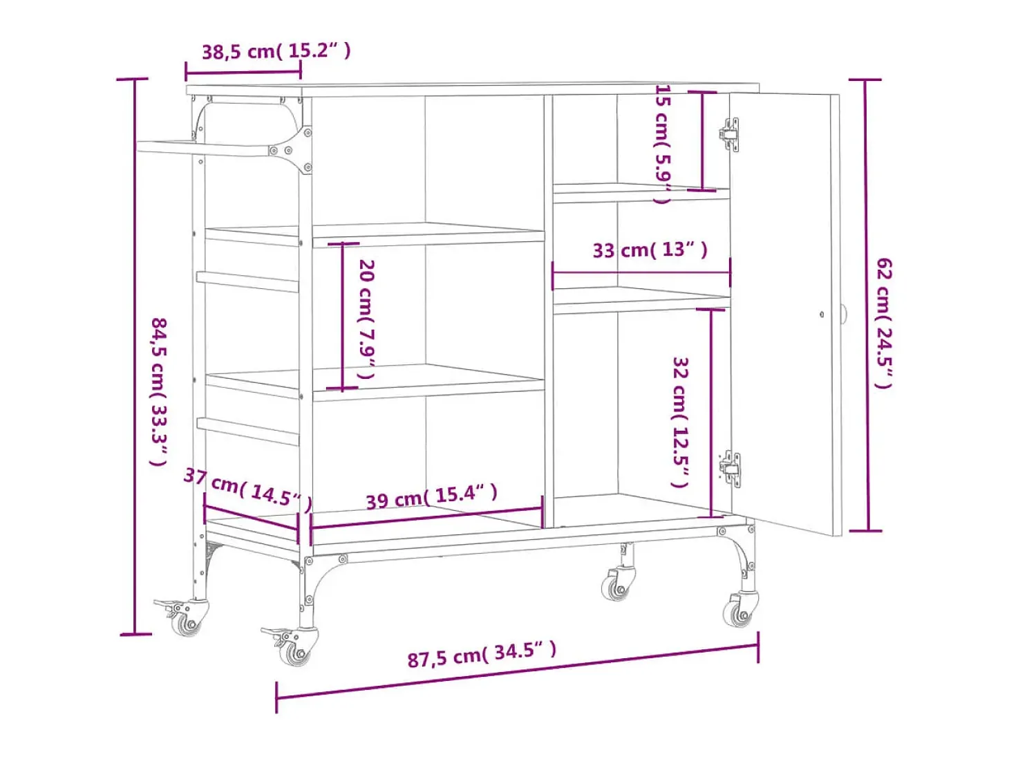 Carrito de cocina de madera gris Sonoma 87,5x38,5x84,5 cm