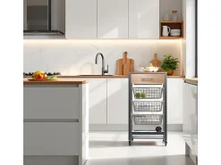 Carrito de cocina Diana con 3 cestas extraíbles, cajón y botellero – mueble auxiliar con ruedas en color inox y haya
