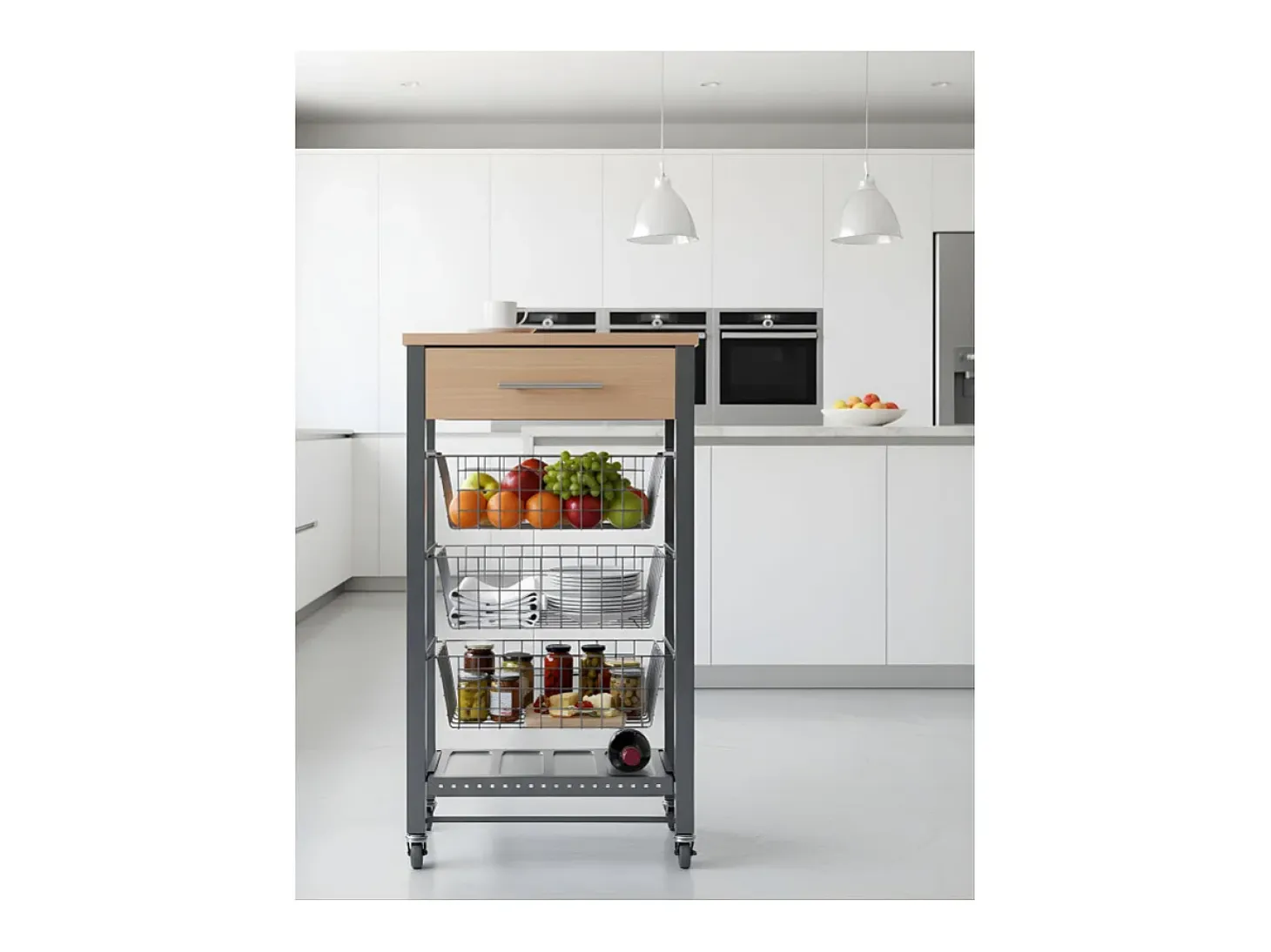 Carrito de cocina Diana con 3 cestas extraíbles, cajón y botellero – mueble auxiliar con ruedas en color inox y haya